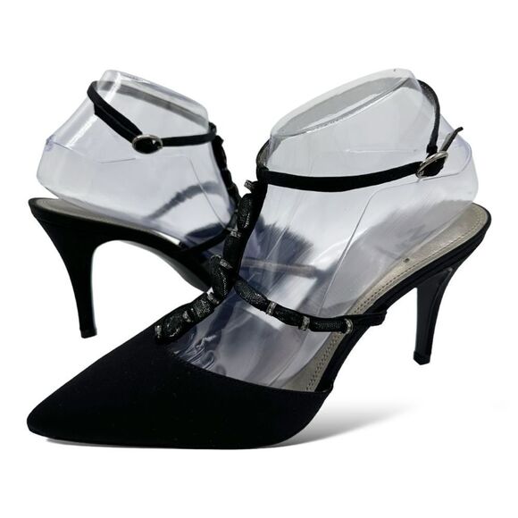 M. By Marinelli Black Satin Sparkly Jeweled T-Strap Stiletto Evening Sandal 8.5M - Picture 3 of 16